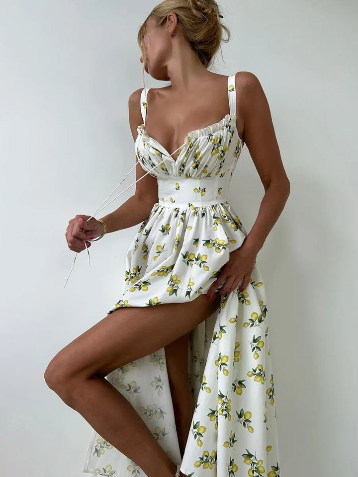 Robe midi femme avec motif et décolleté en cœur, fente latérale et bretelles