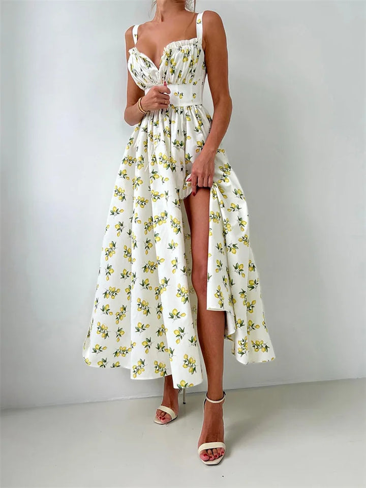 Robe midi femme avec motif et décolleté en cœur, fente latérale et bretelles