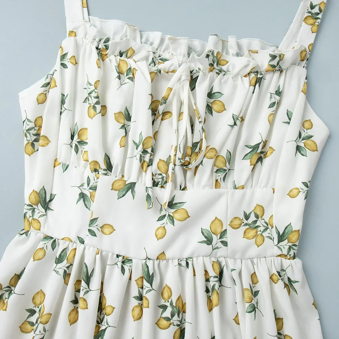 Robe midi femme avec motif et décolleté en cœur, fente latérale et bretelles