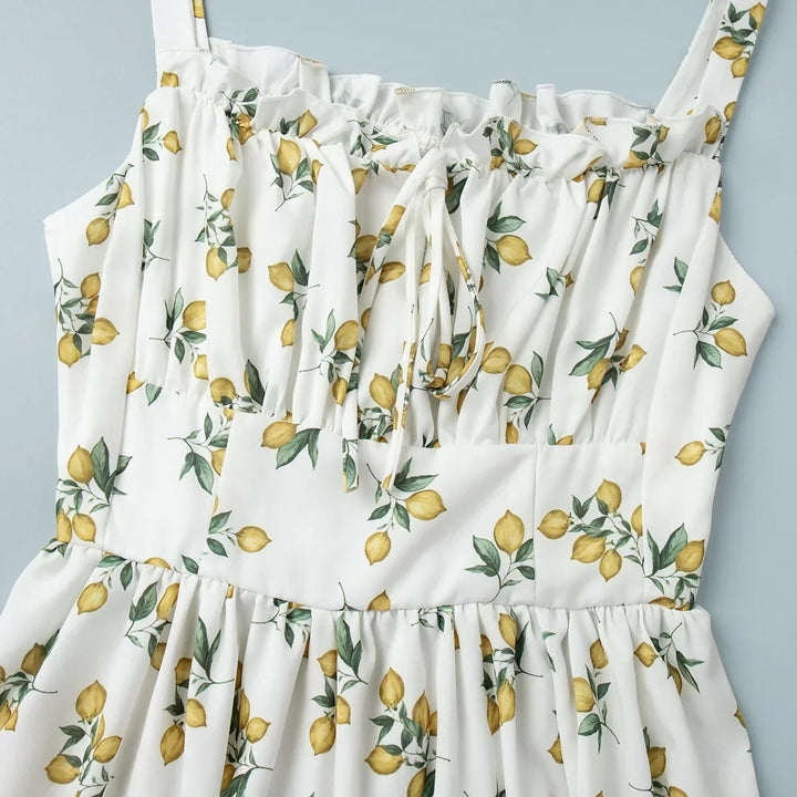 Robe midi femme avec motif et décolleté en cœur, fente latérale et bretelles