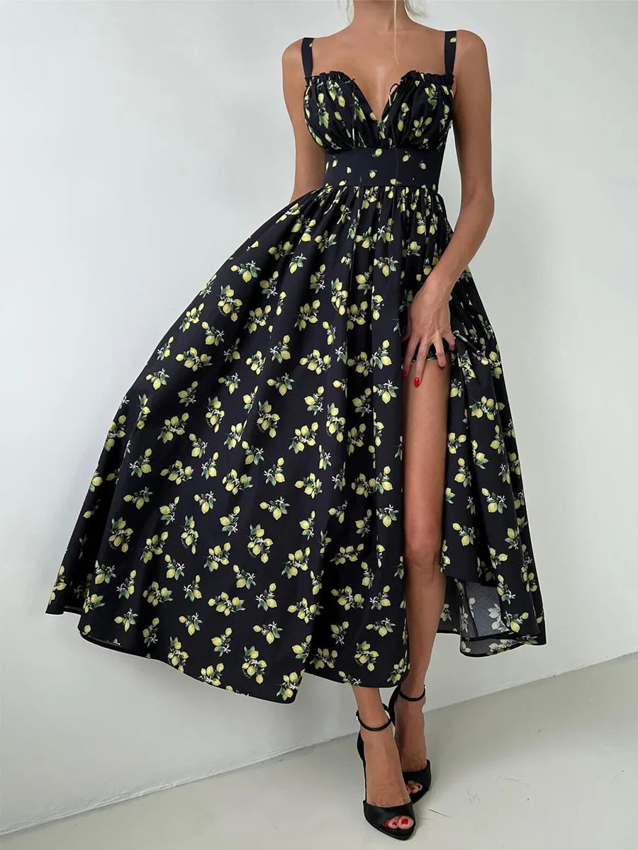 Robe midi femme avec motif et décolleté en cœur, fente latérale et bretelles