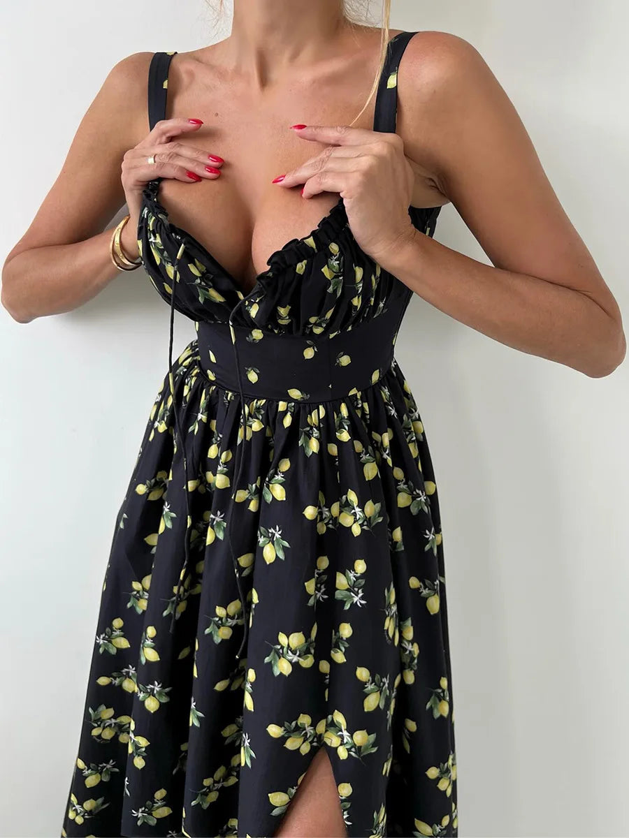 Robe midi femme avec motif et décolleté en cœur, fente latérale et bretelles