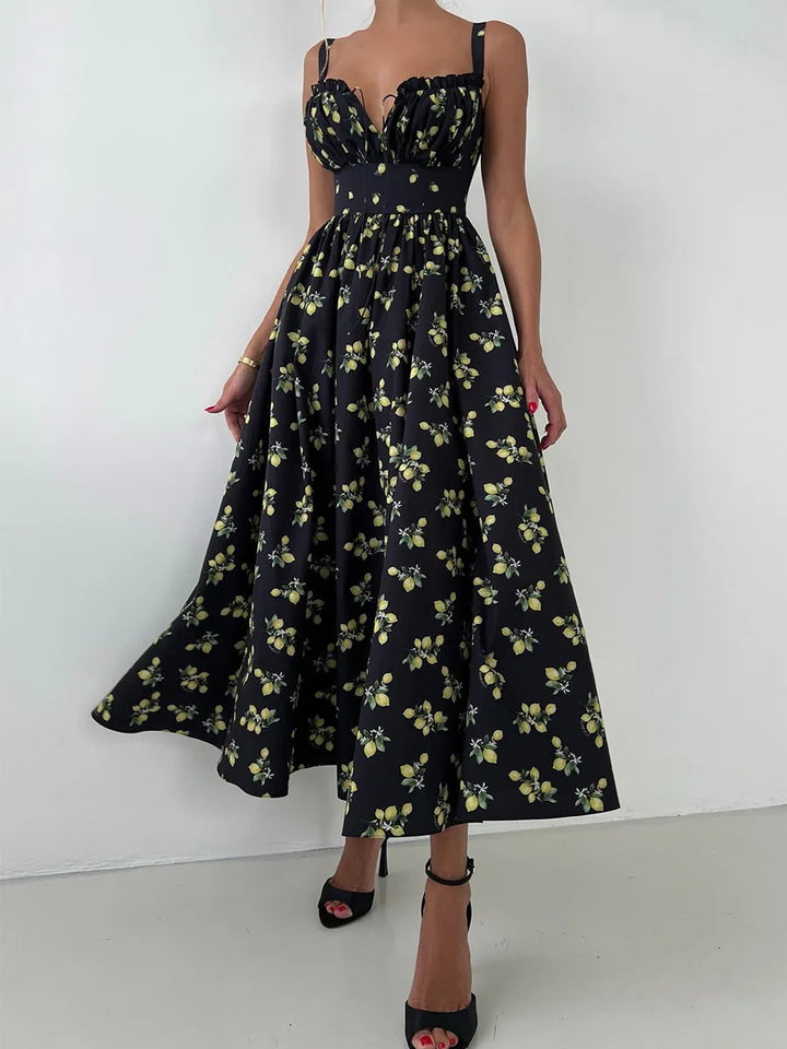 Robe midi femme avec motif et décolleté en cœur, fente latérale et bretelles