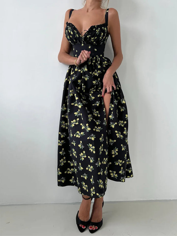Robe midi femme avec motif et décolleté en cœur, fente latérale et bretelles
