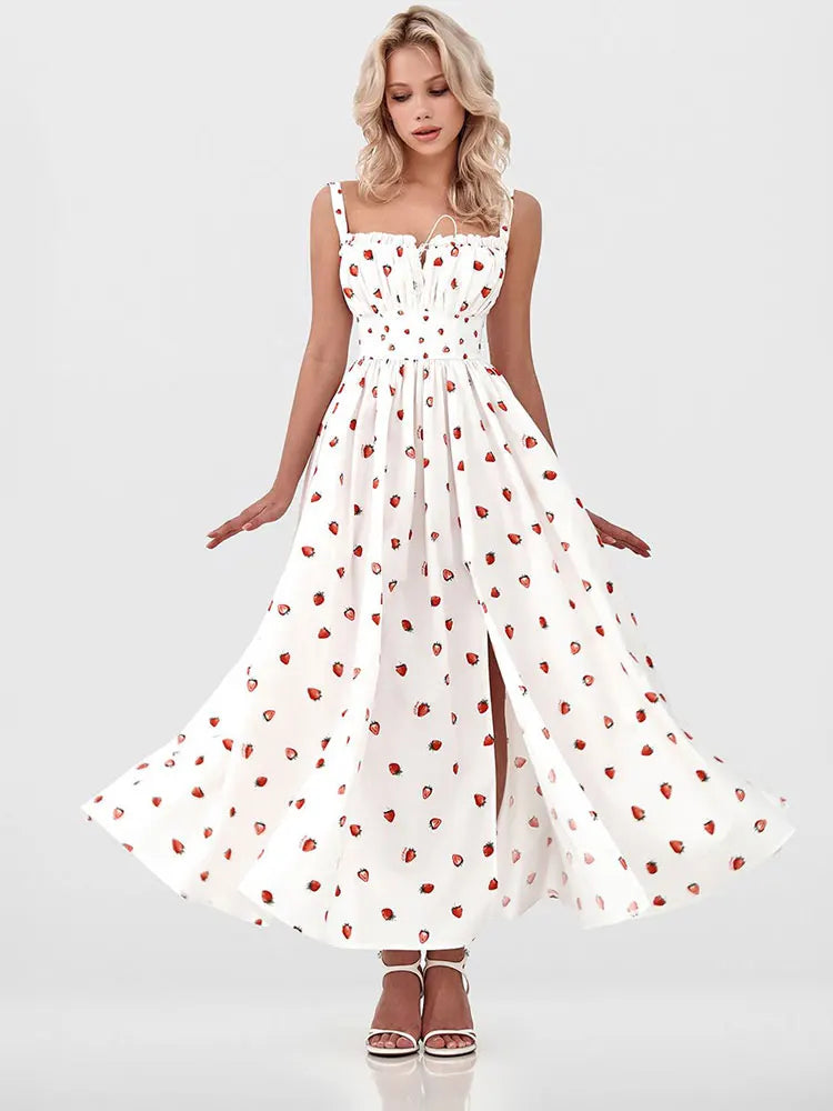 Robe midi femme avec motif et décolleté en cœur, fente latérale et bretelles