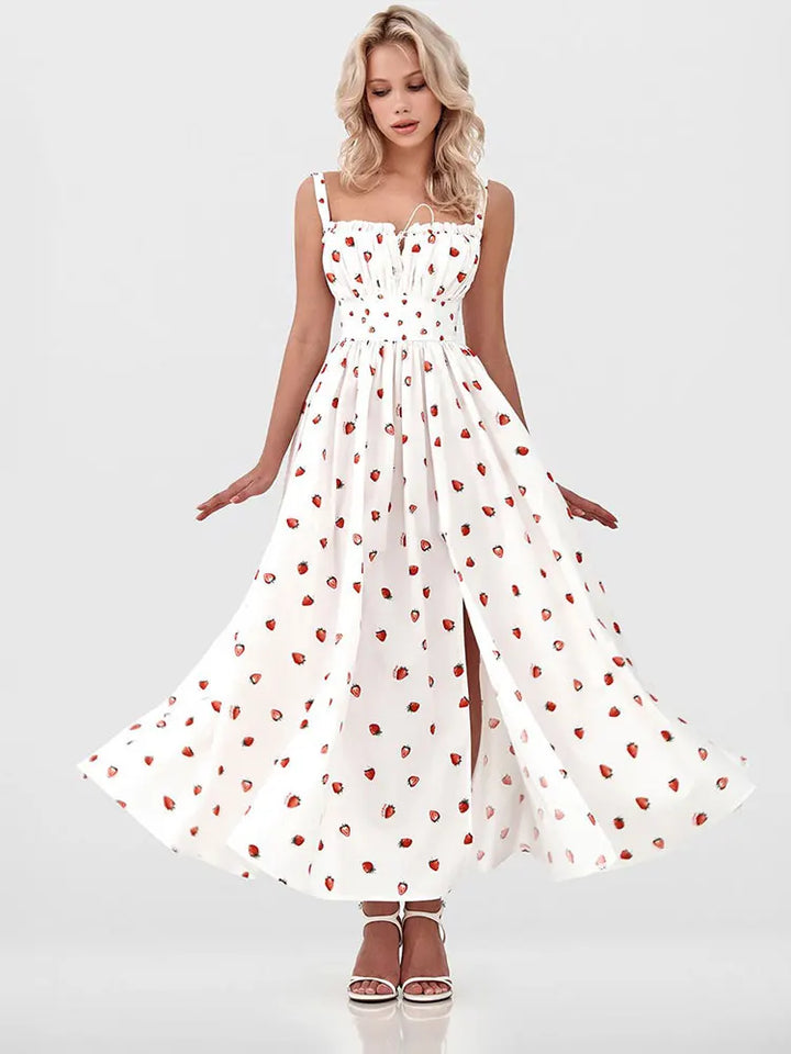 Robe midi femme avec motif et décolleté en cœur, fente latérale et bretelles