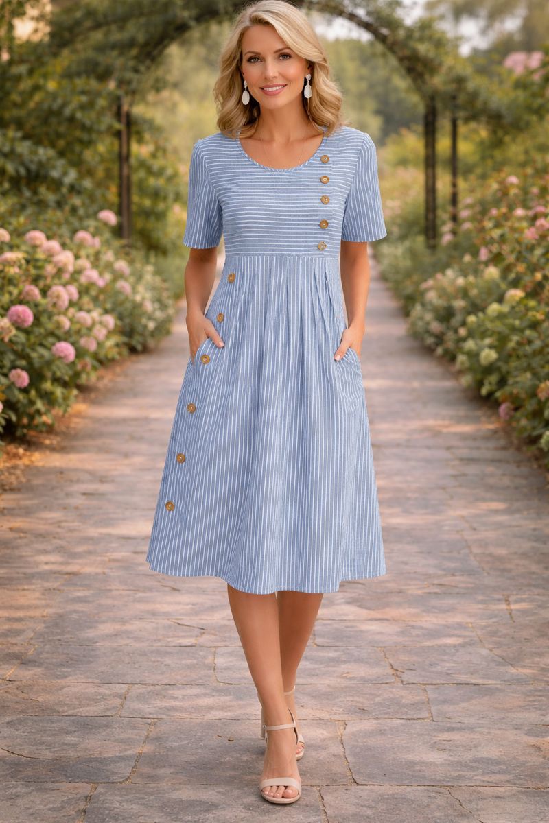Robe midi pour femme avec col rond, manches courtes, motif rayé et poches latérales