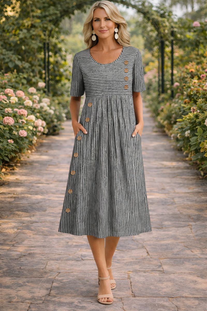 Robe midi pour femme avec col rond, manches courtes, motif rayé et poches latérales