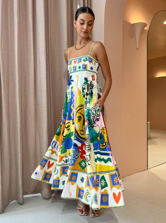 Robe midi femme avec bretelles spaghetti et décolleté carré avec motif abstrait coloré et jupe en A