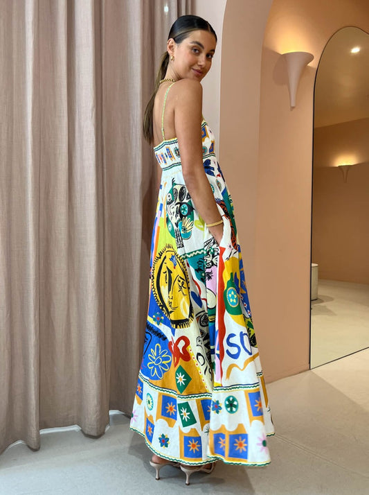 Robe midi femme avec bretelles spaghetti et décolleté carré avec motif abstrait coloré et jupe en A