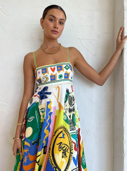 Robe midi femme avec bretelles spaghetti et décolleté carré avec motif abstrait coloré et jupe en A