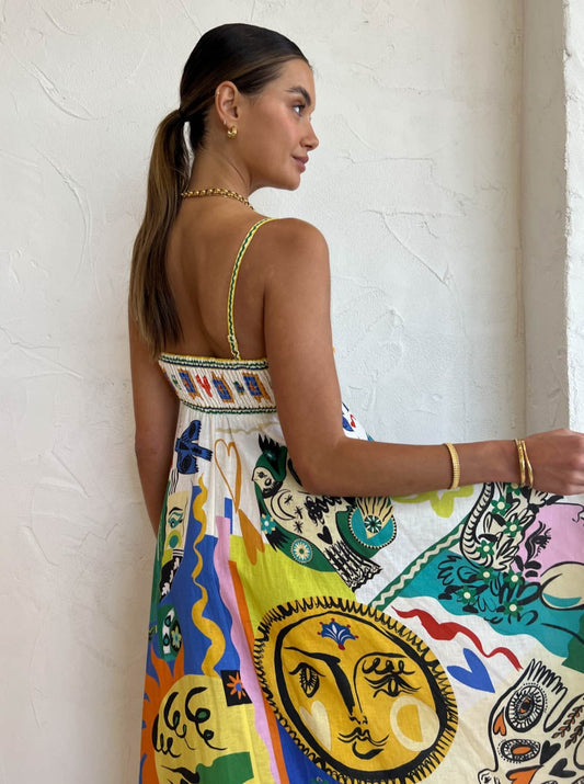 Robe midi femme avec bretelles spaghetti et décolleté carré avec motif abstrait coloré et jupe en A