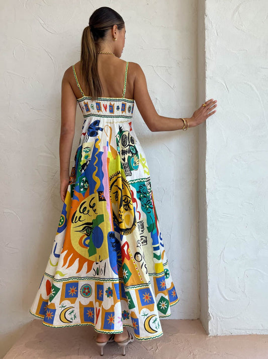 Robe midi femme avec bretelles spaghetti et décolleté carré avec motif abstrait coloré et jupe en A