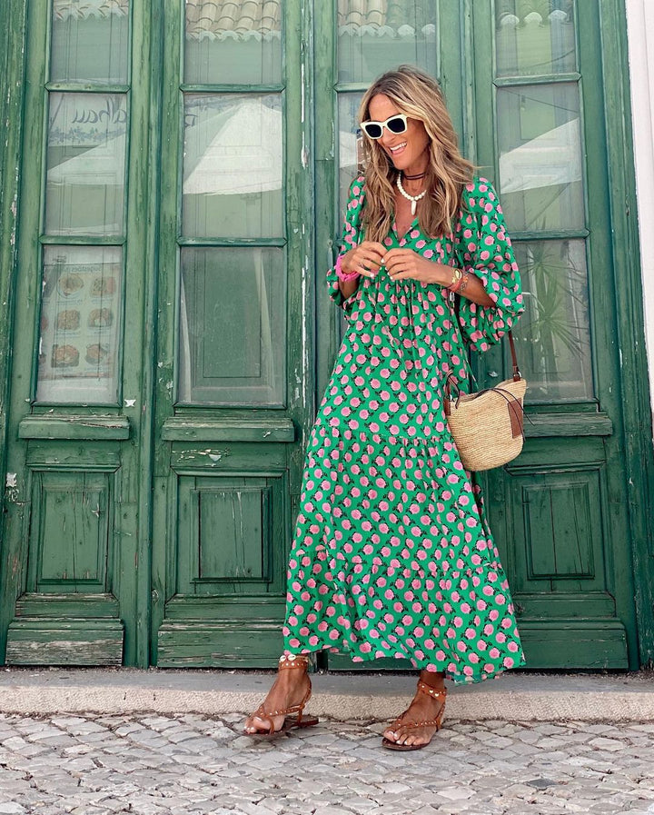 Robe midi femme avec décolleté en V, manches ballon, fronces et jupe à volants