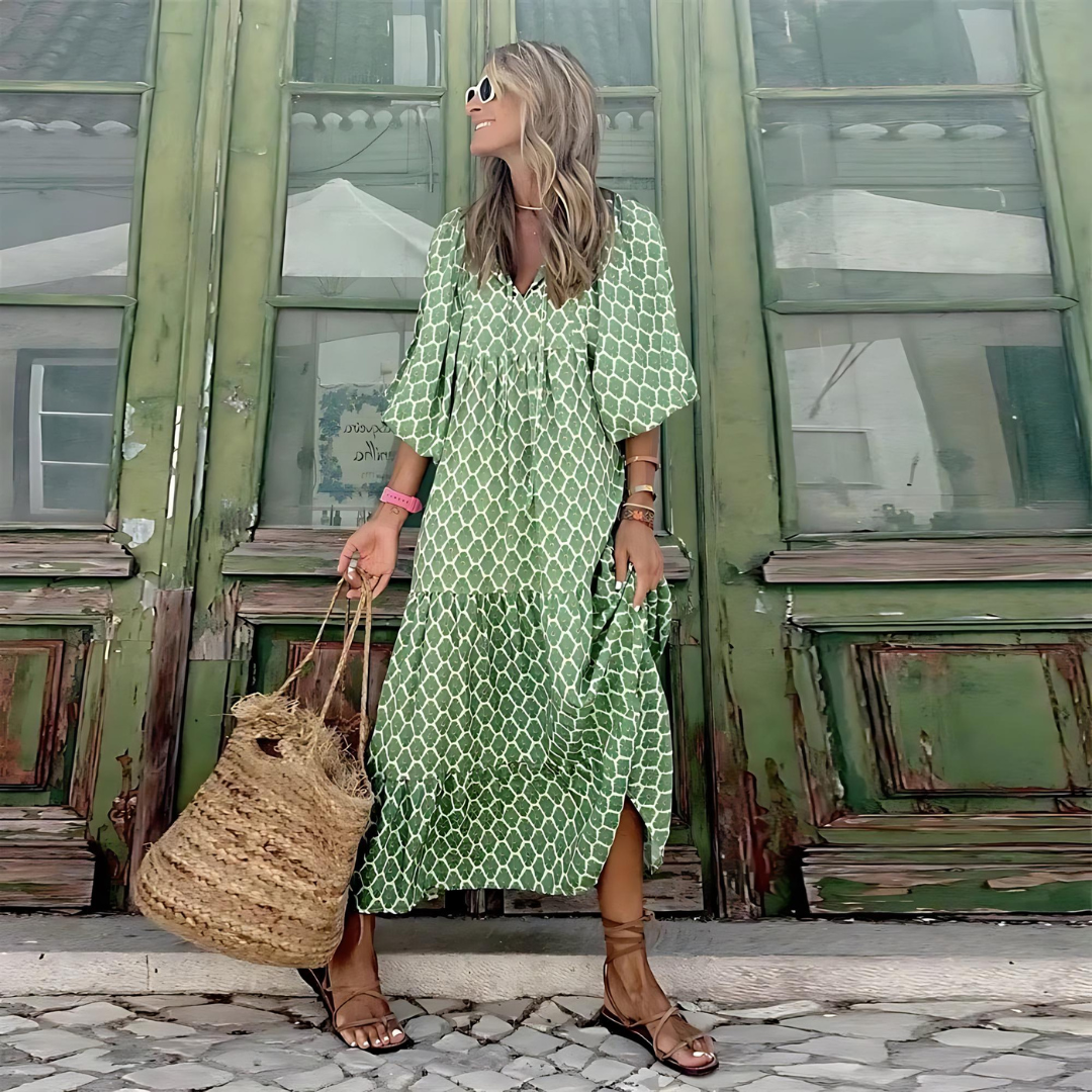 Robe midi femme avec décolleté en V, manches ballon, fronces et jupe à volants