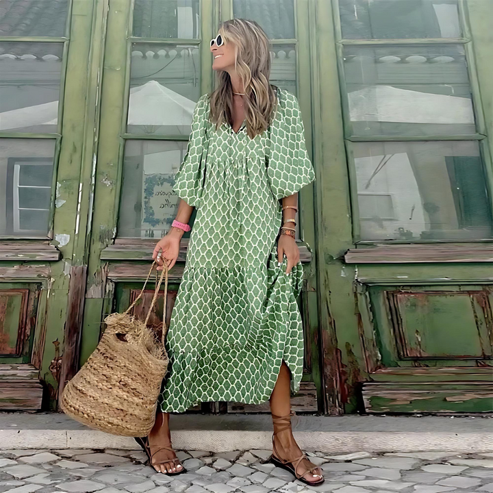 Robe midi femme avec décolleté en V, manches ballon, fronces et jupe à volants