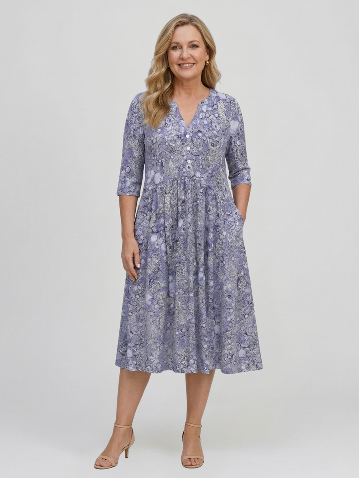 Robe midi femme avec décolleté en V, manches trois-quarts et motif floral