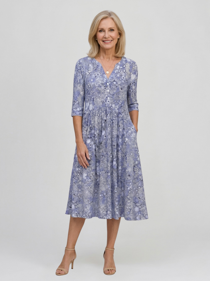 Robe midi femme avec décolleté en V, manches trois-quarts et motif floral