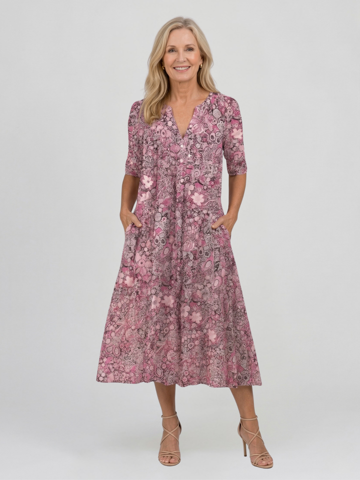 Robe midi femme avec décolleté en V, manches trois-quarts et motif floral