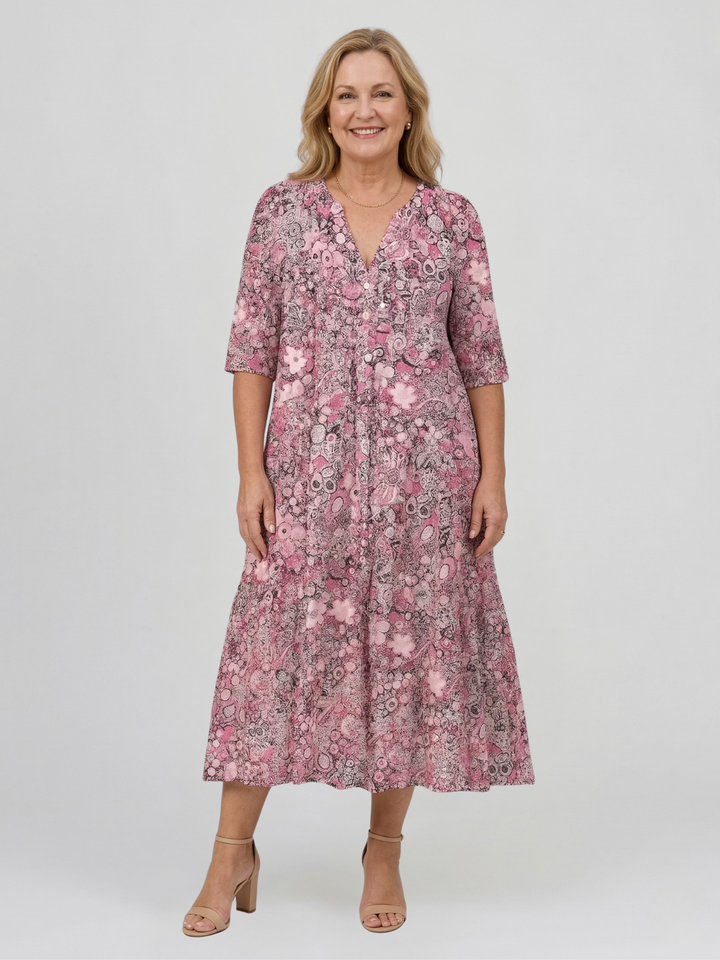 Robe midi femme avec décolleté en V, manches trois-quarts et motif floral