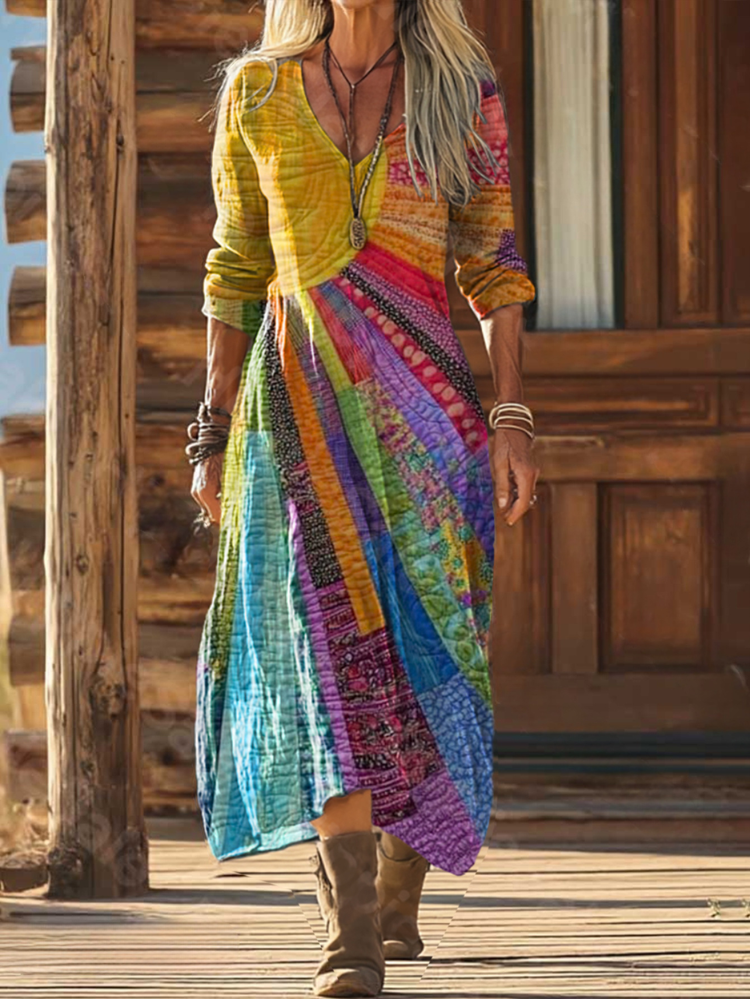 Robe midi femme avec décolleté en V, manches longues et motif patchwork multicolore