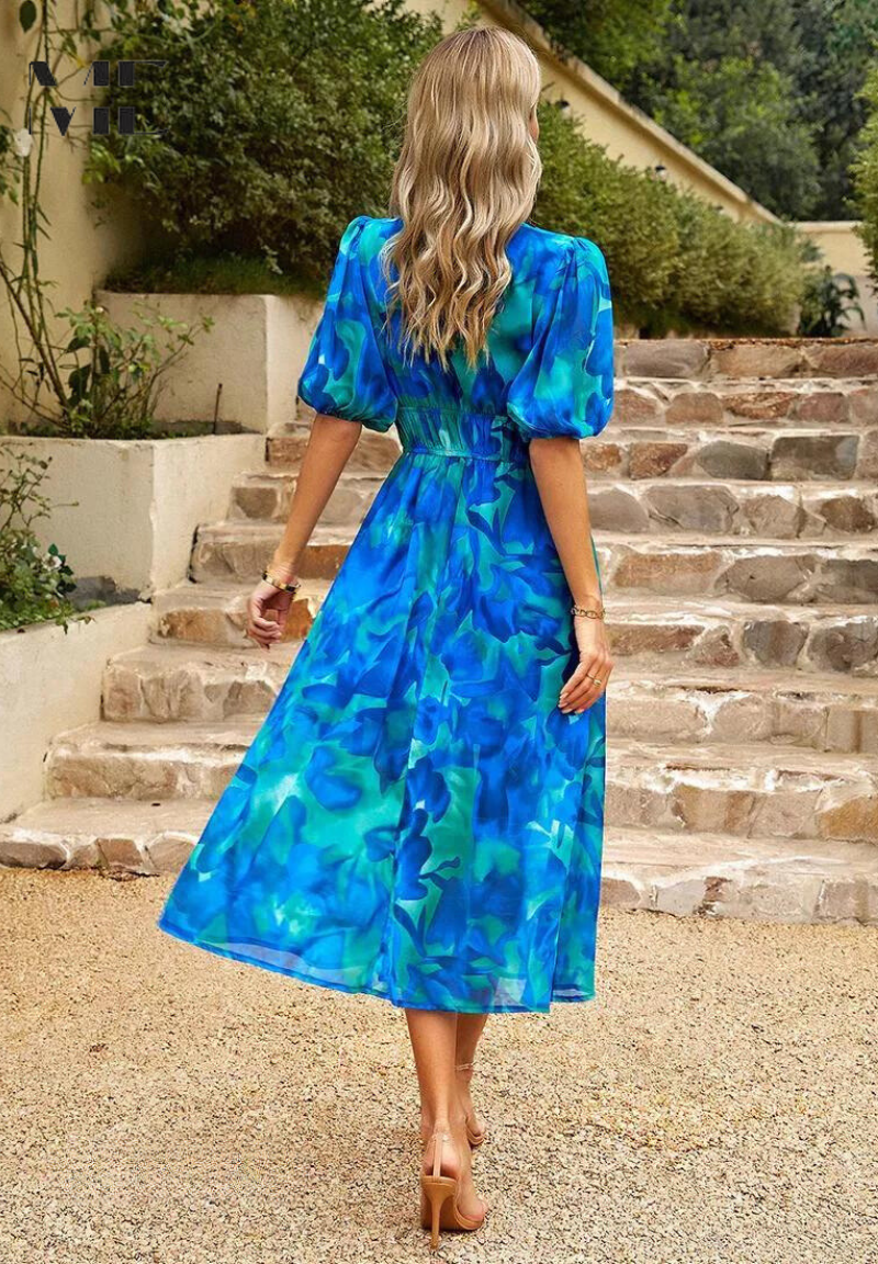 Robe midi femme avec décolleté en V, manches bouffantes et taille froncée