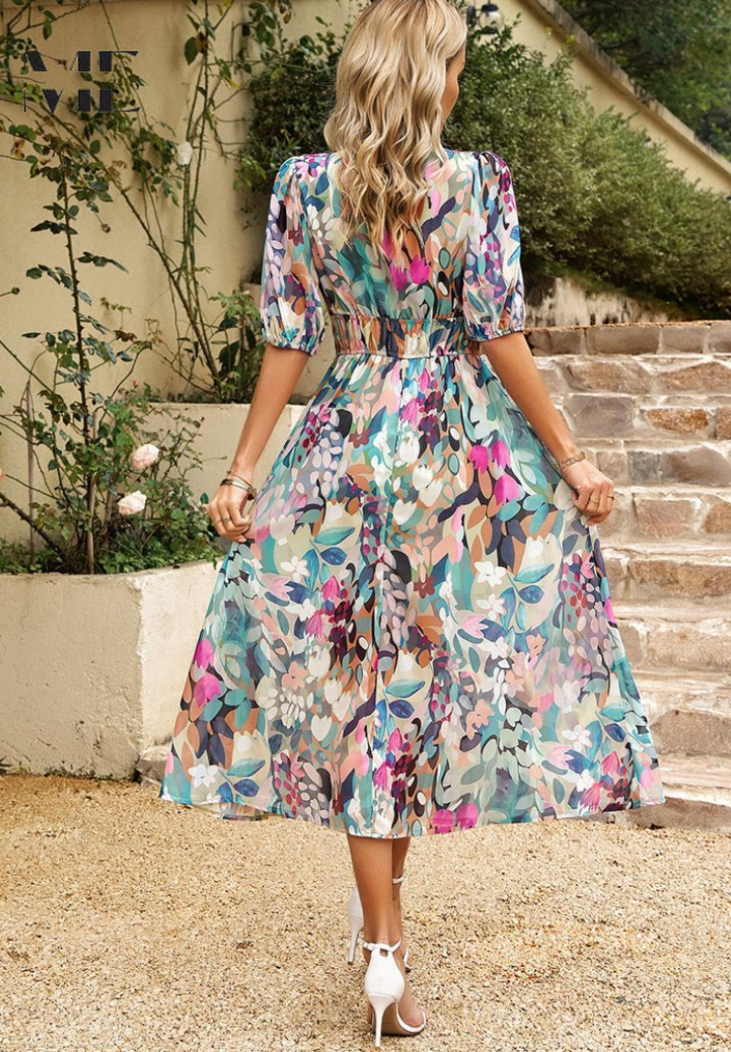 Robe midi femme avec décolleté en V, manches bouffantes et taille froncée