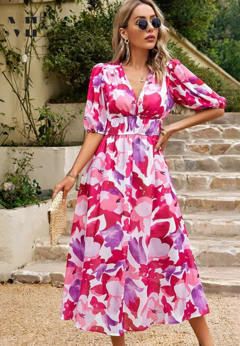 Robe midi femme avec décolleté en V, manches bouffantes et taille froncée