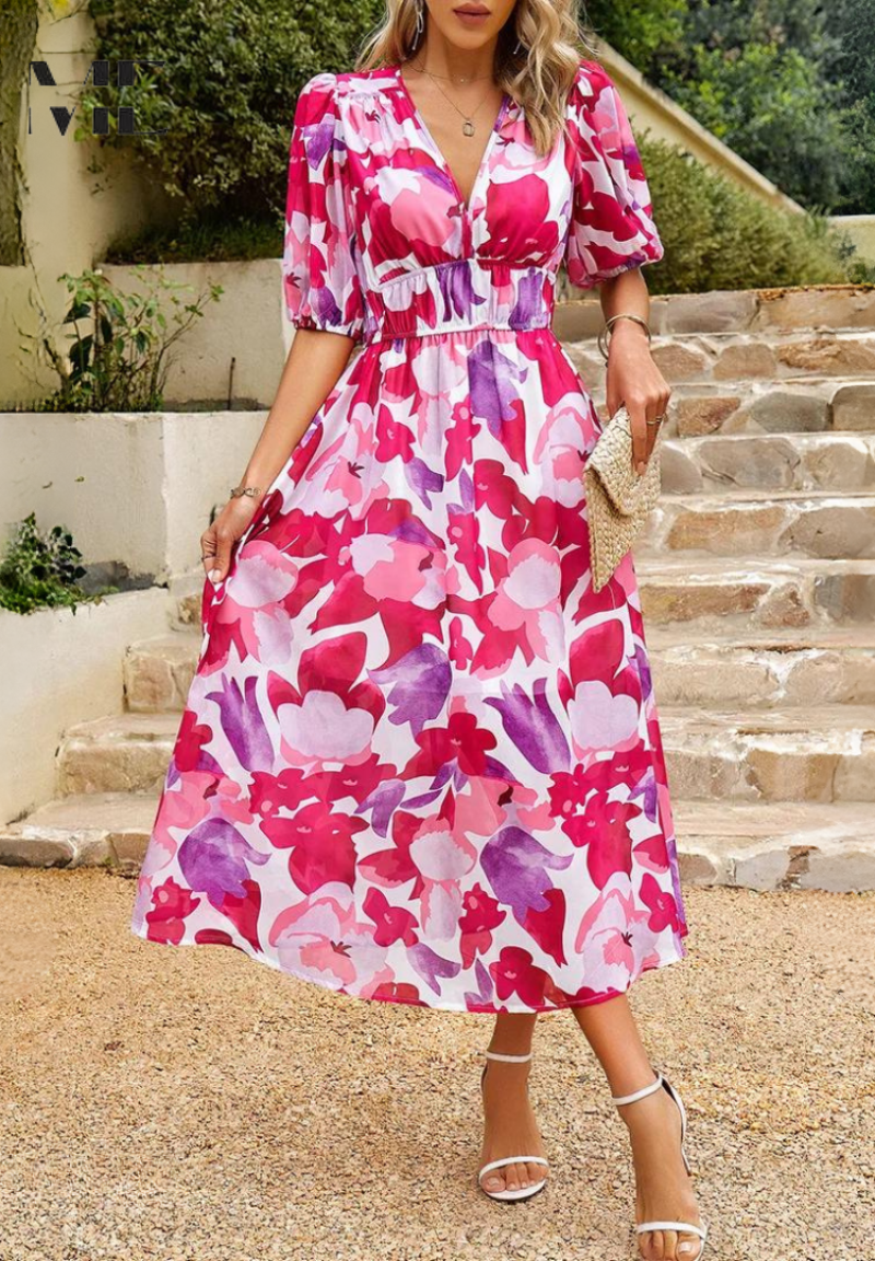 Robe midi femme avec décolleté en V, manches bouffantes et taille froncée