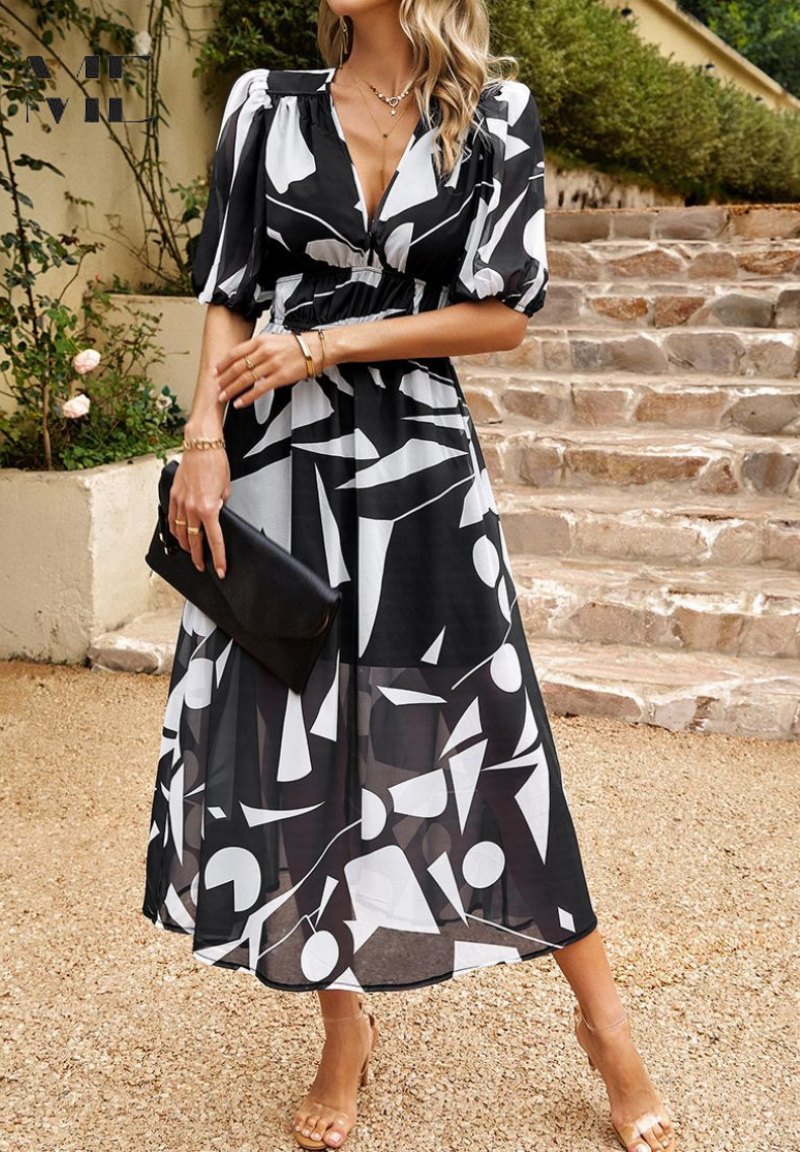 Robe midi femme avec décolleté en V, manches bouffantes et taille froncée