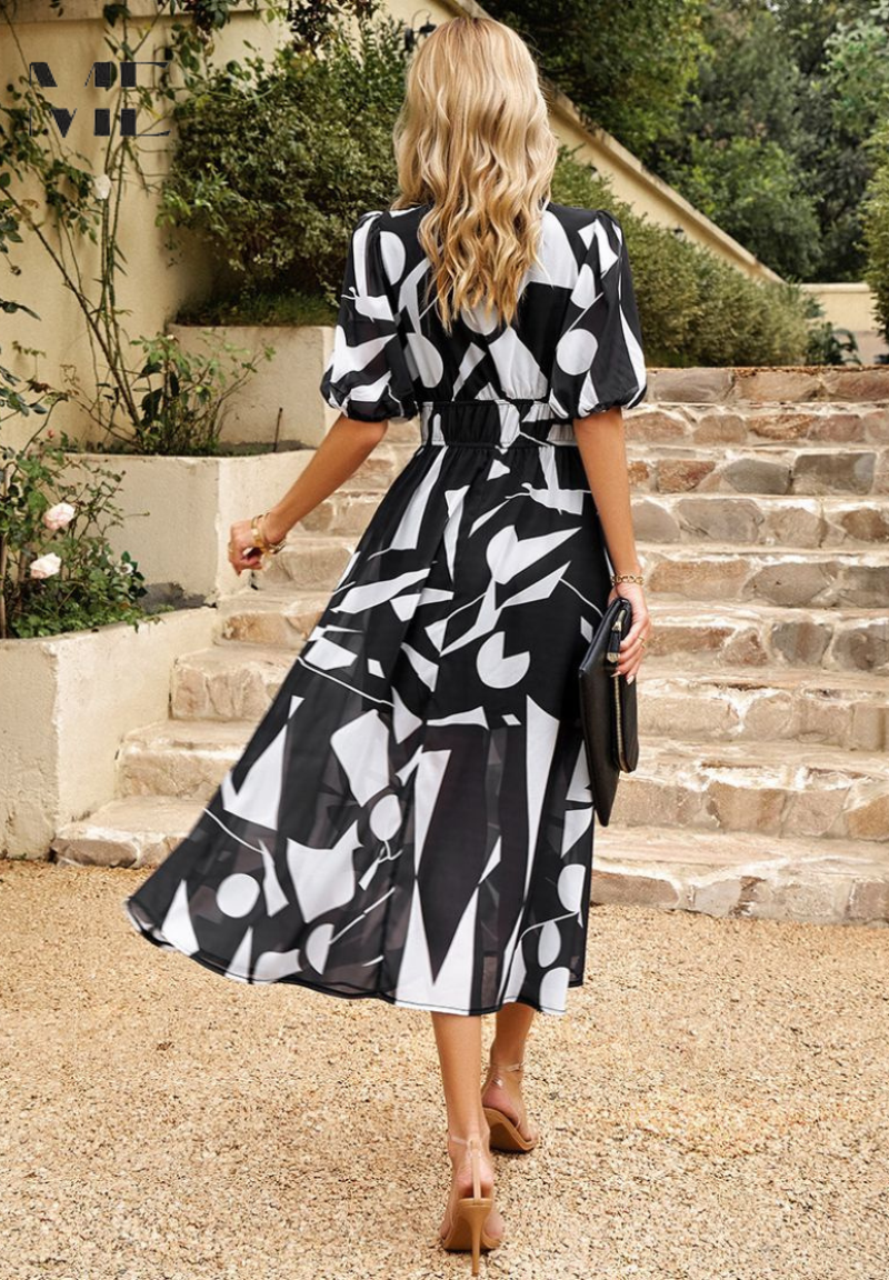 Robe midi femme avec décolleté en V, manches bouffantes et taille froncée