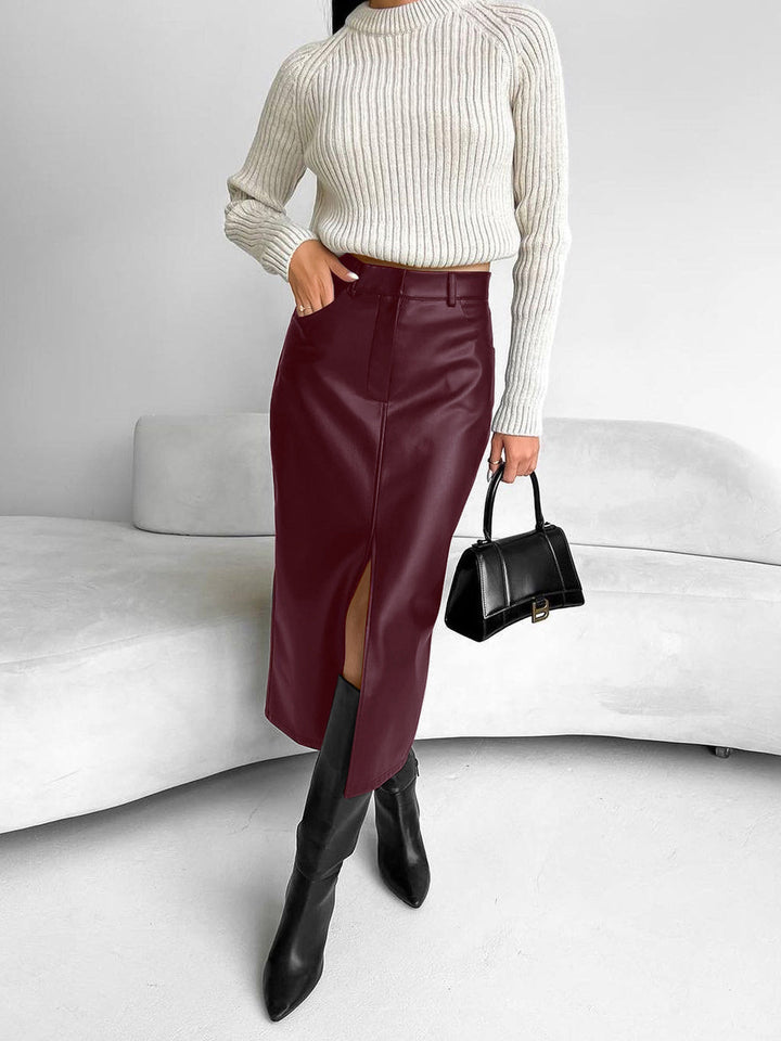 Jupe midi femme avec fente frontale et passants de ceinture