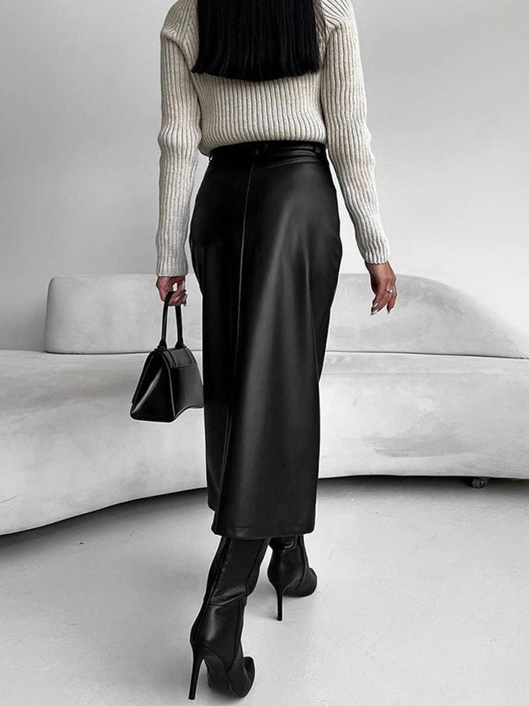Jupe midi femme avec fente frontale et passants de ceinture