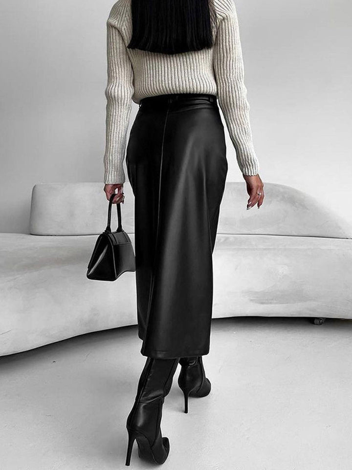 Jupe midi femme avec fente frontale et passants de ceinture