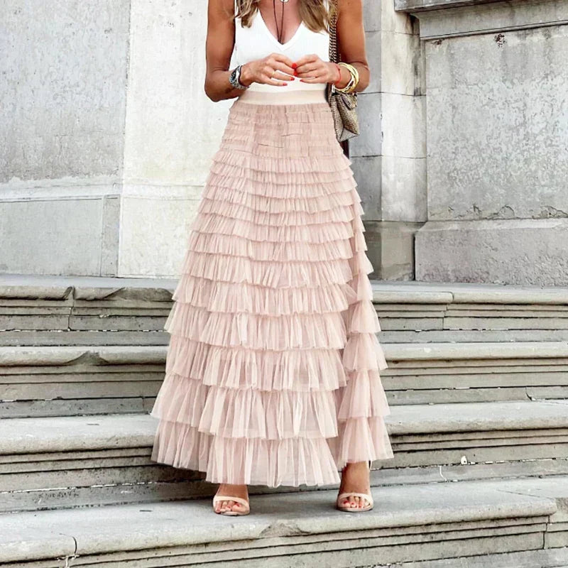 Jupe midi pour femmes avec couches en tulle
