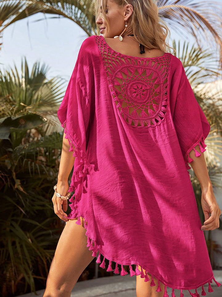 Robe courte pour femmes avec empiècement en crochet et franges à l'ourlet et aux manches trois-quarts