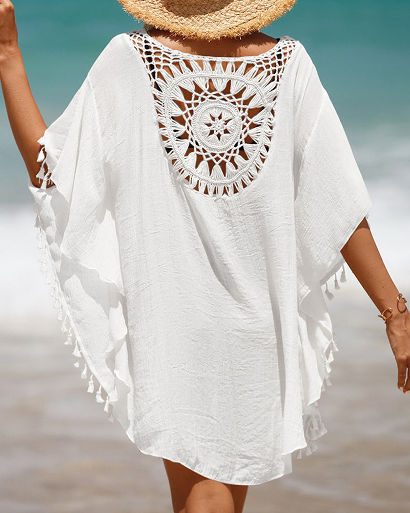 Robe courte pour femmes avec empiècement en crochet et franges à l'ourlet et aux manches trois-quarts