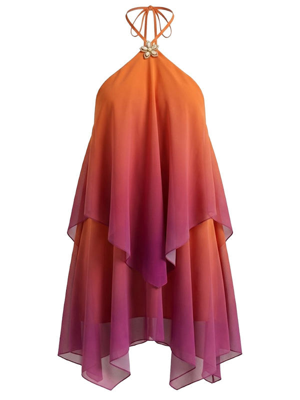 Robe mini femme avec bretelles halter et anneau en métal et couches asymétriques superposées