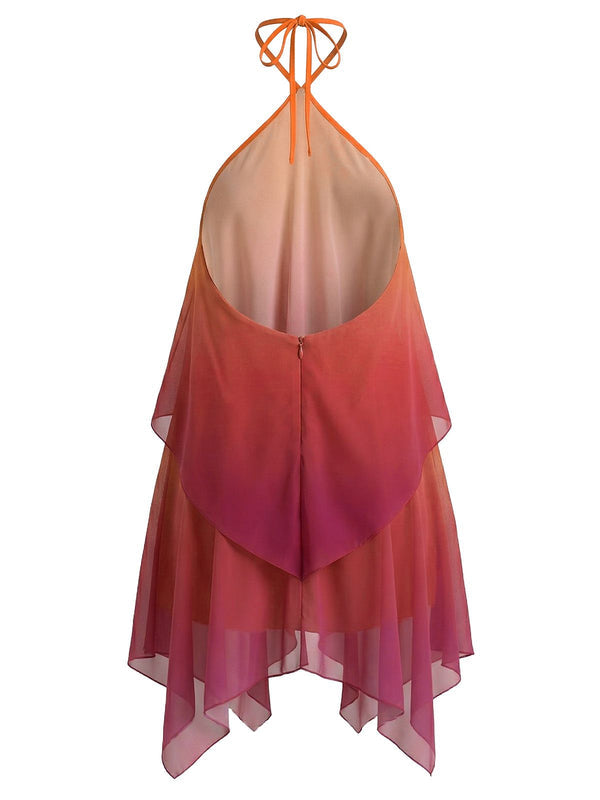Robe mini femme avec bretelles halter et anneau en métal et couches asymétriques superposées
