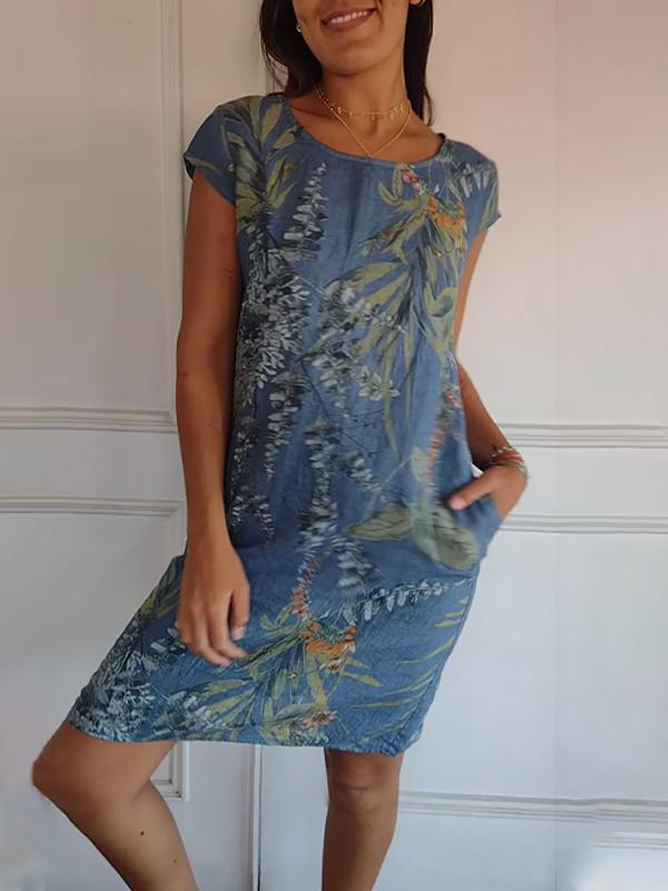 Robe mini pour femmes avec col rond, manches courtes et poches latérales, ourlet droit