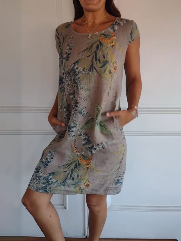 Robe mini pour femmes avec col rond, manches courtes et poches latérales, ourlet droit