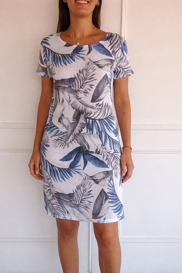 Robe mini pour femmes avec col rond, manches courtes et poches latérales, ourlet droit