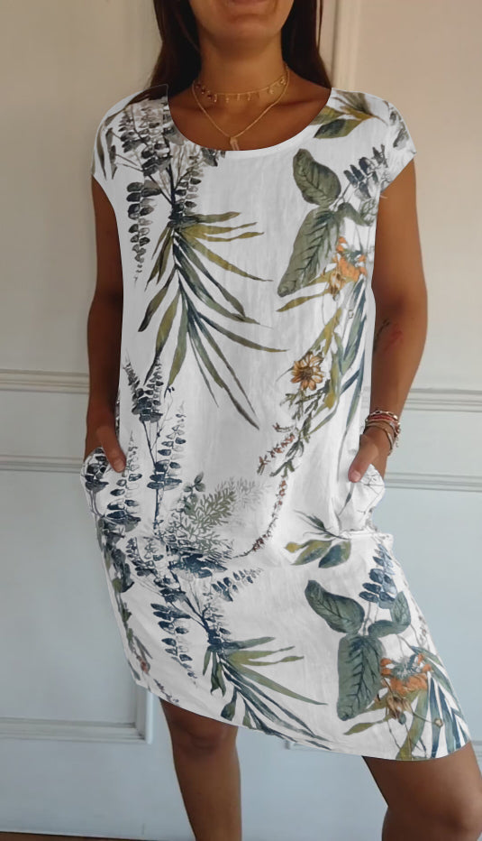 Robe mini pour femmes avec col rond, manches courtes et poches latérales, ourlet droit