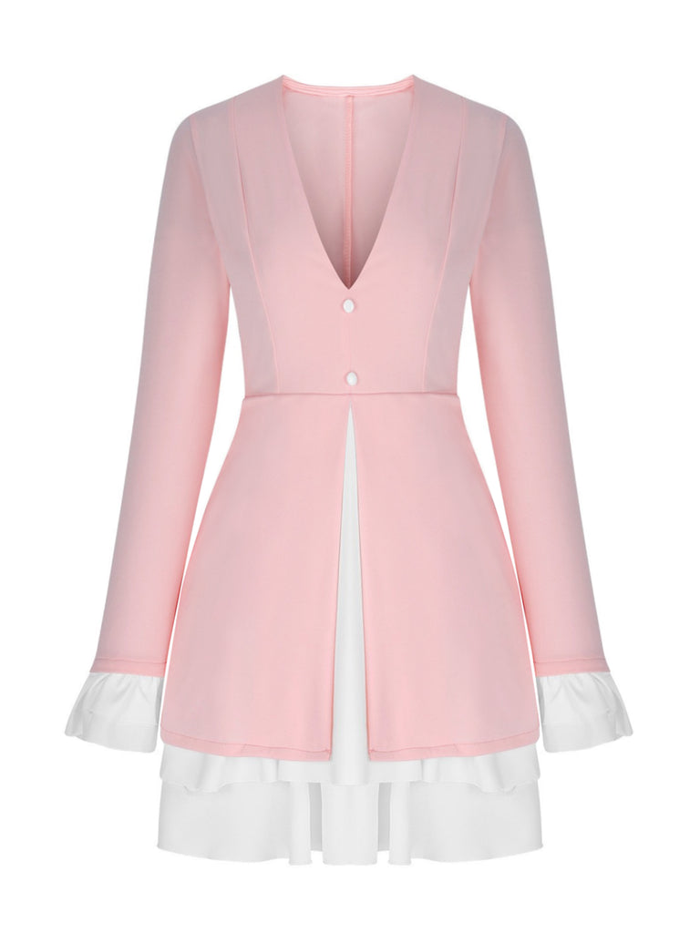 Robe Mini Femme avec Décolleté V Profond, Col Revers, Manches Volantes et Ourlet Volant
