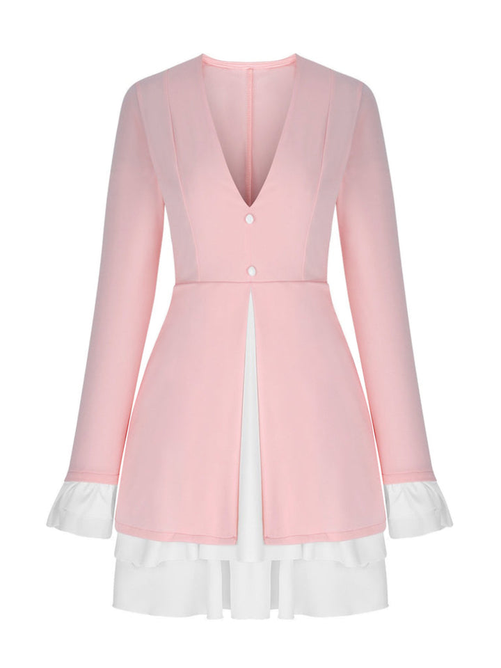 Robe Mini Femme avec Décolleté V Profond, Col Revers, Manches Volantes et Ourlet Volant