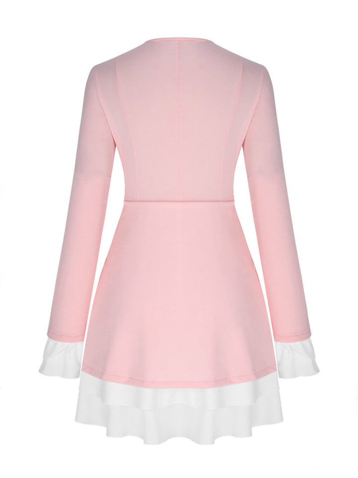 Robe Mini Femme avec Décolleté V Profond, Col Revers, Manches Volantes et Ourlet Volant