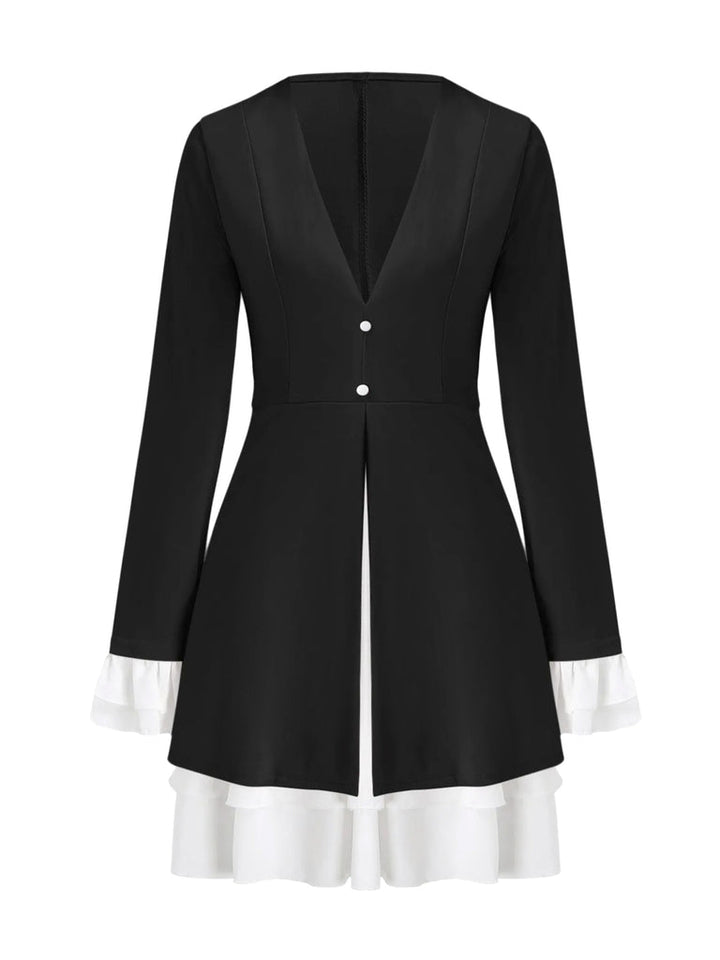 Robe Mini Femme avec Décolleté V Profond, Col Revers, Manches Volantes et Ourlet Volant