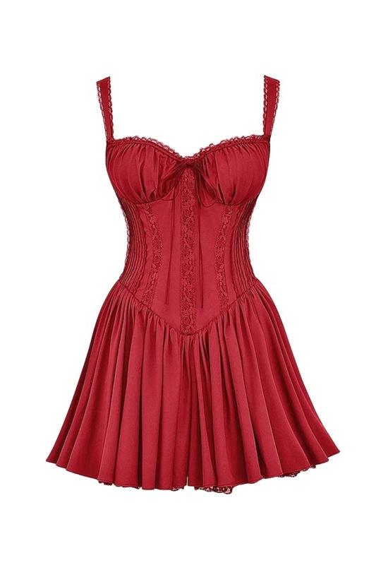 Robe Mini Femme avec Bretelles, Partie de Poitrine en Forme de Cœur, Bord Roulé, Nœud et Jupe Plissée