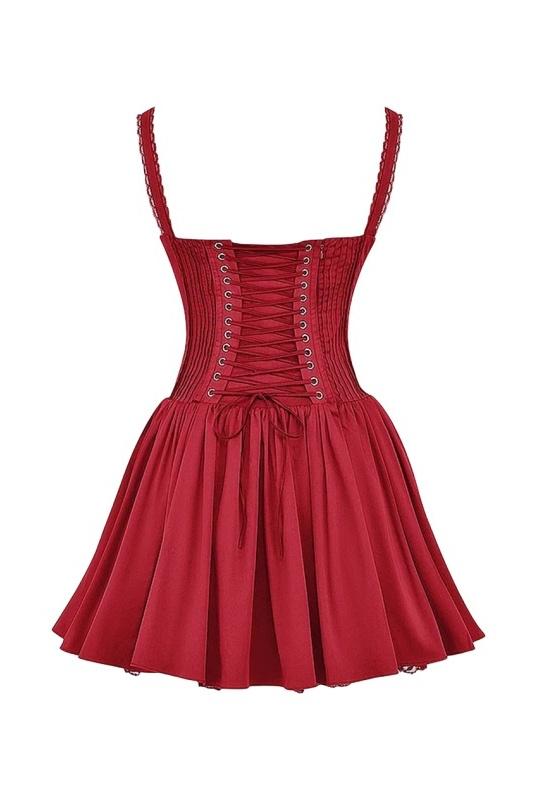 Robe Mini Femme avec Bretelles, Partie de Poitrine en Forme de Cœur, Bord Roulé, Nœud et Jupe Plissée