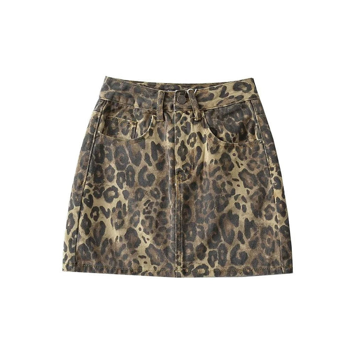 Jupe Mini Femme à Taille Haute avec Motif Léopard et Poches Plaquées